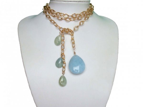 Gemshine - Damen - Halskette  - Lariat - Vergoldet - Aquamarin - Tropfen - Blau - 100 cm – Bild 4