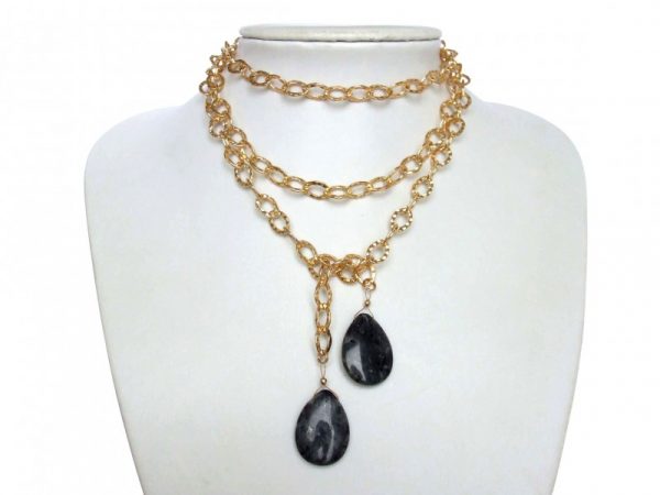 Gemshine - Damen - Halskette  - Lariat - Vergoldet - Labradorit - Tropfen - Grau - 100 cm – Bild 4