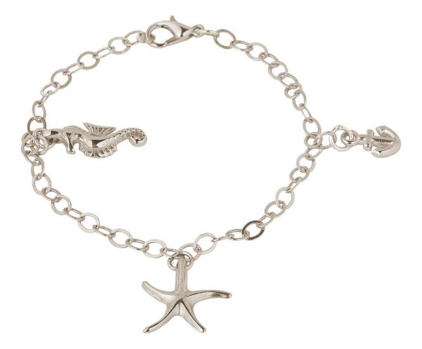 GEMSHINE Maritim Nautics Armband mit Seepferd, Seestern und Anker Charms aus 925 Silber, hochwertig vergoldet oder rose im Navy Stil - Made in Madrid, Spanien, Metall Farbe:Silber